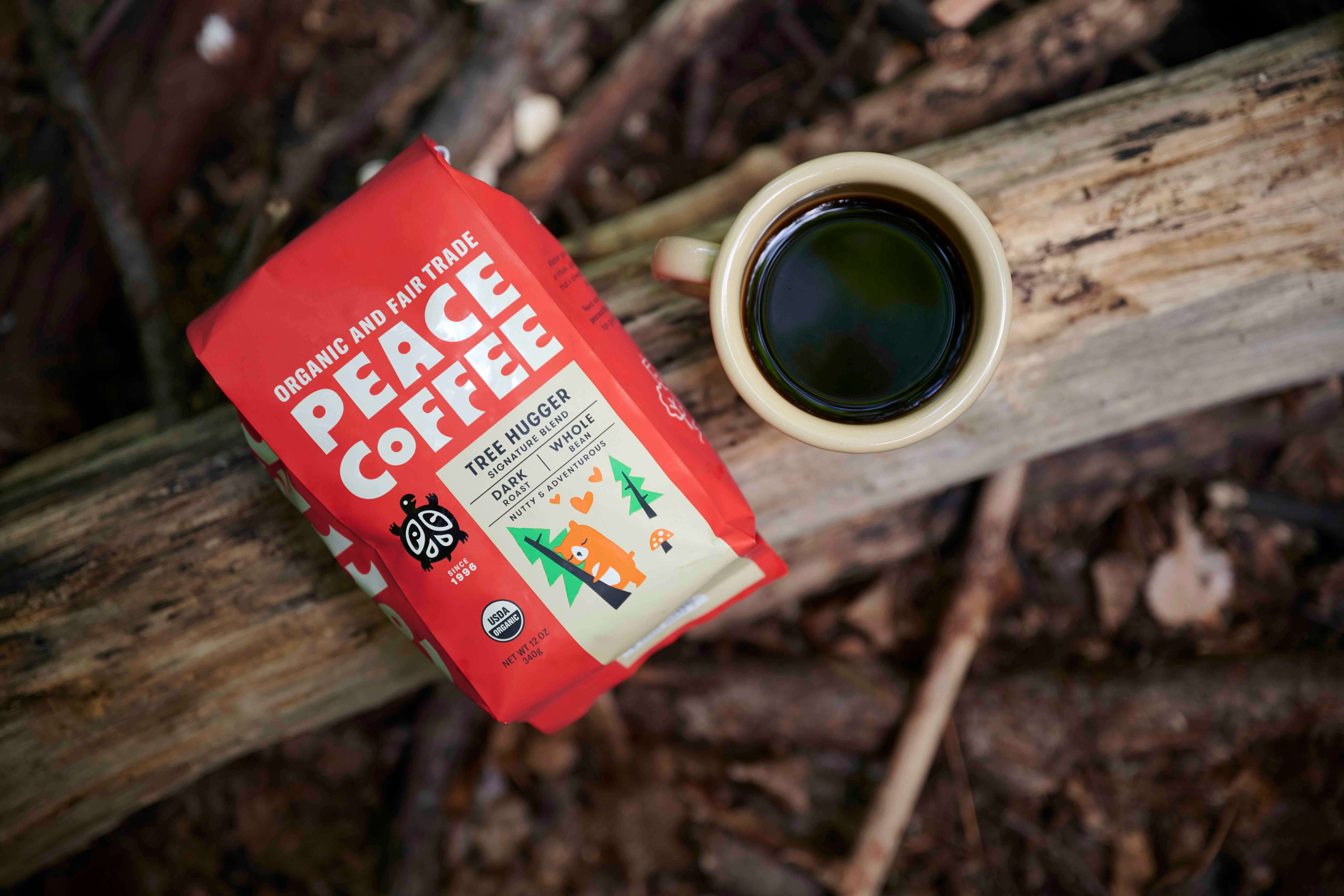bag-of-organic-dark-roast-coffee a bag of organic dark roast coffee in the woods