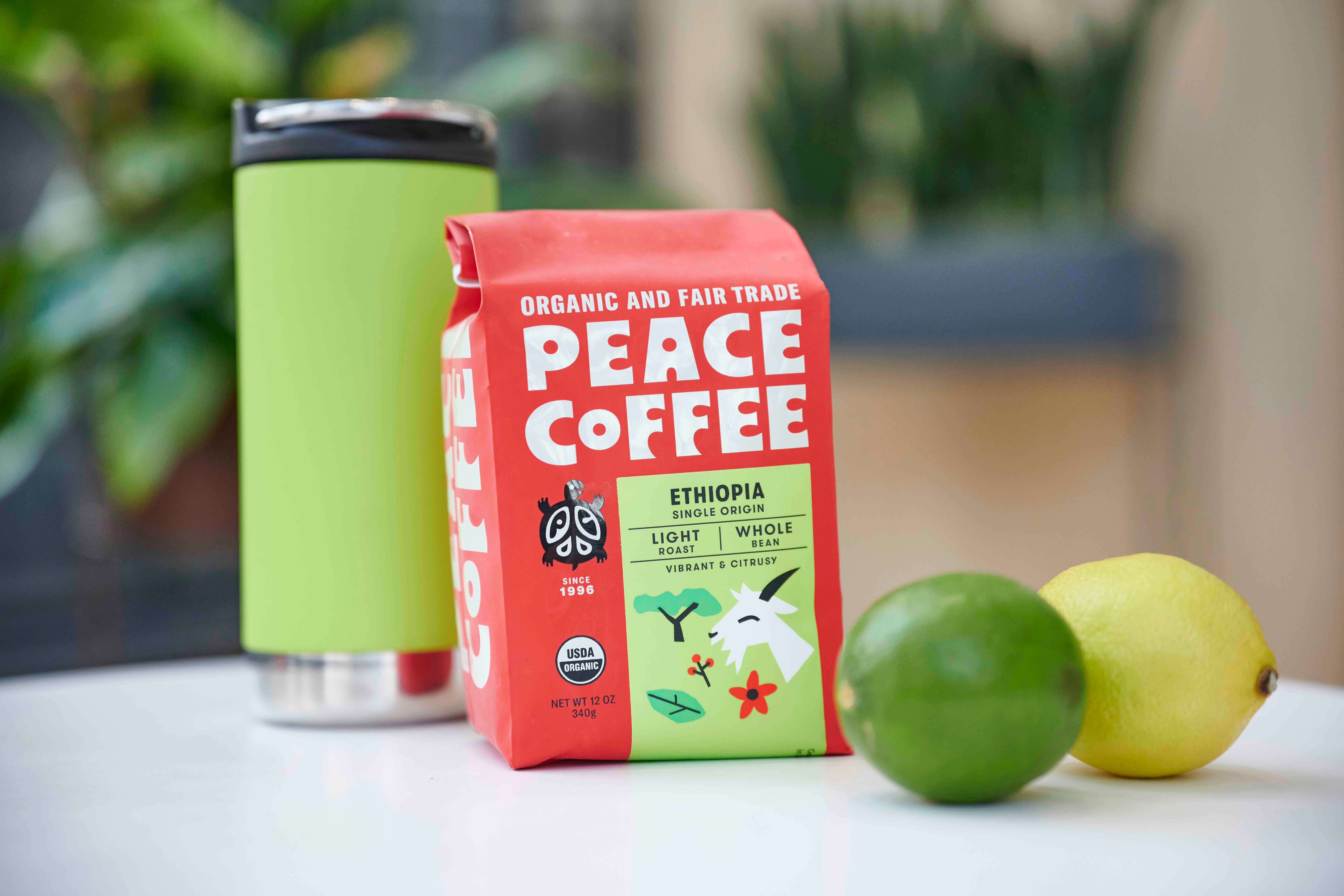 ethiopia-light-roast-organic-coffee a bag of ehtiopia light roast organic coffee with travel mug