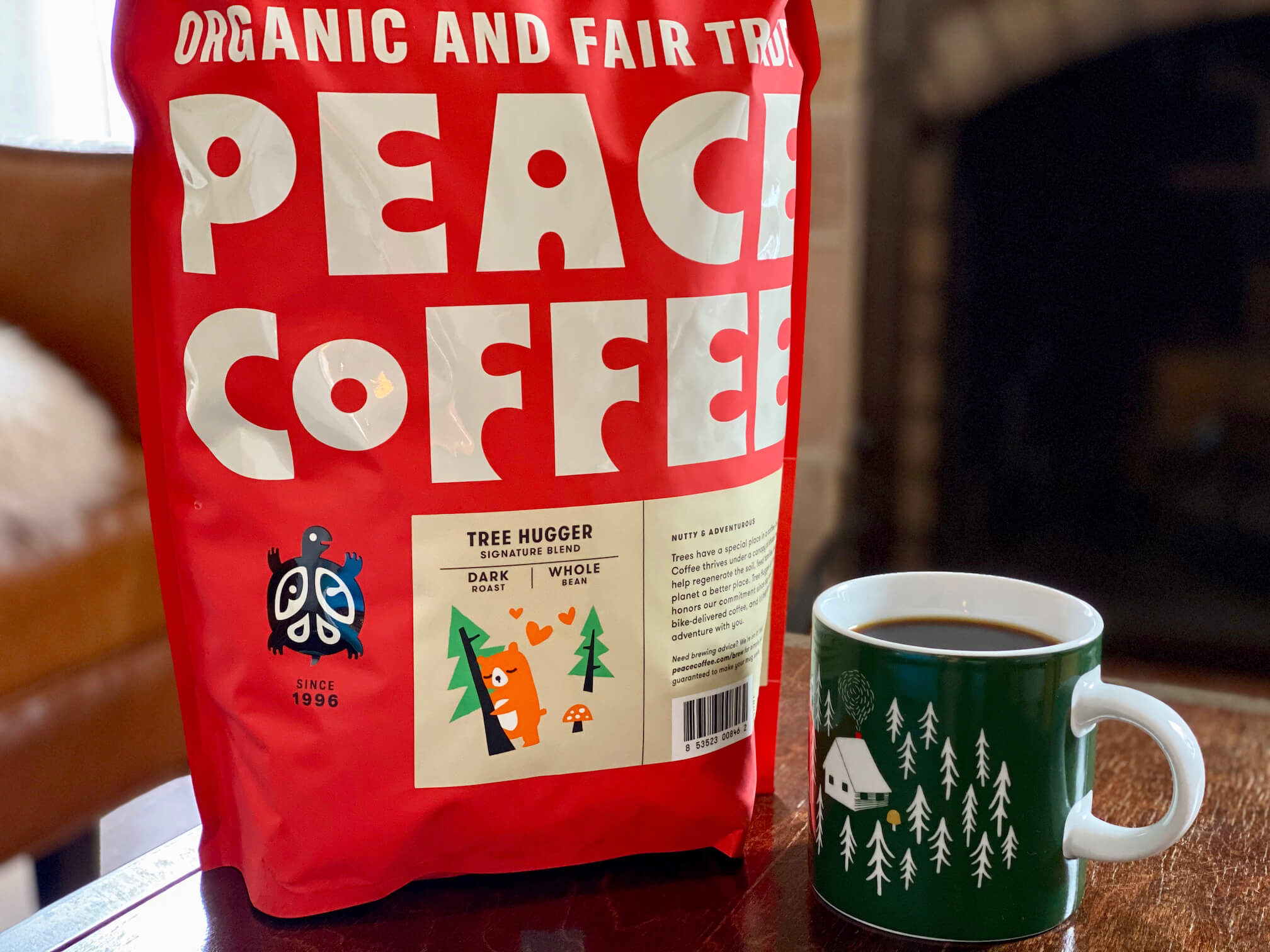 Five pound Tree Hugger Bag with green tree mug